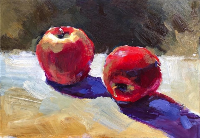 Acrylic, yupo, apples, red, purple, light, shadow, fruit, impressionism, modern impressionism, painting, acrylic painting, australian artist, sunshine coast artist, queensland artist