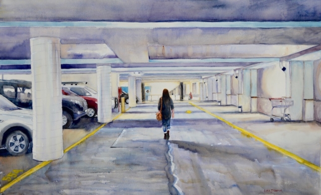 car park, watercolour, urban, painting, underground, geometric, trolley, walking, girl, purple, yellow