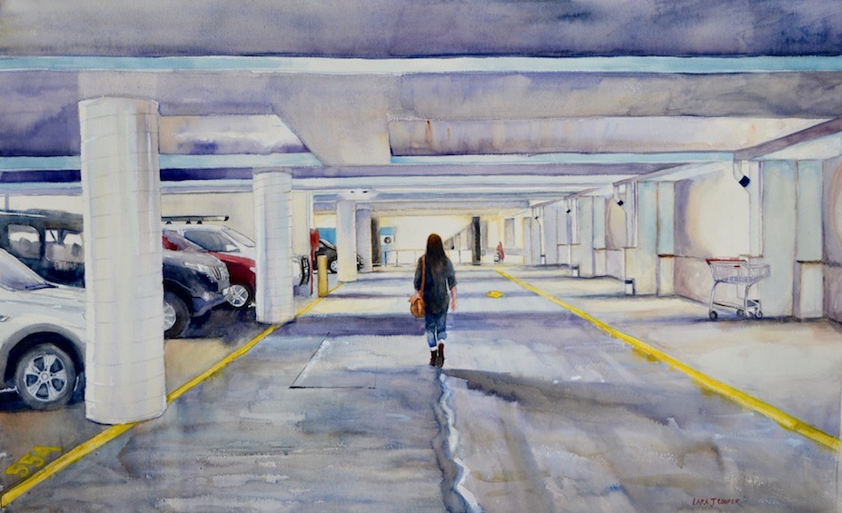 car park, watercolour, urban, painting, underground, geometric, trolley, walking, girl, purple, yellow
