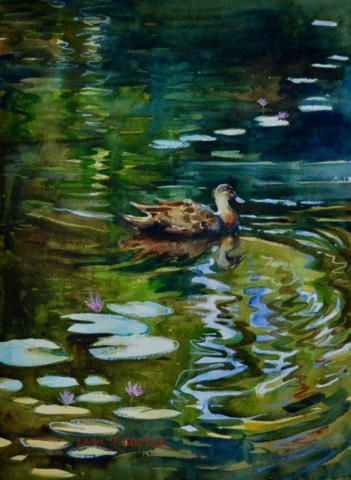 watercolour, duck, pond, reflection, green, lily pad, wild duck, painting, peaceful