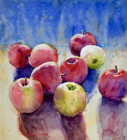 apple, watercolour, apples, fruit, harvest, abundant, shadows, blue, red