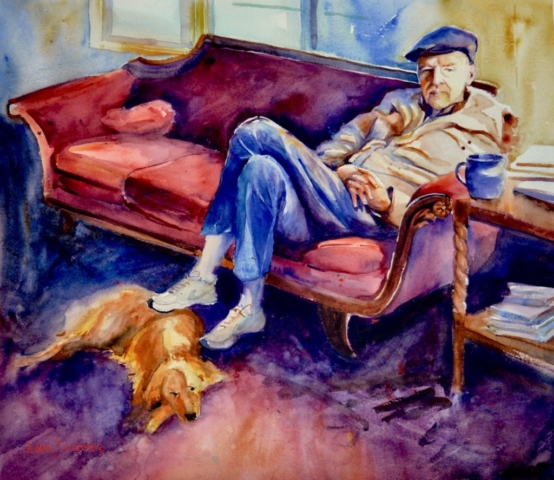 tom sine, quiet time, watercolour, golden retriever, rest, contemplate, think, read, pray, red couch, red, blue, morning