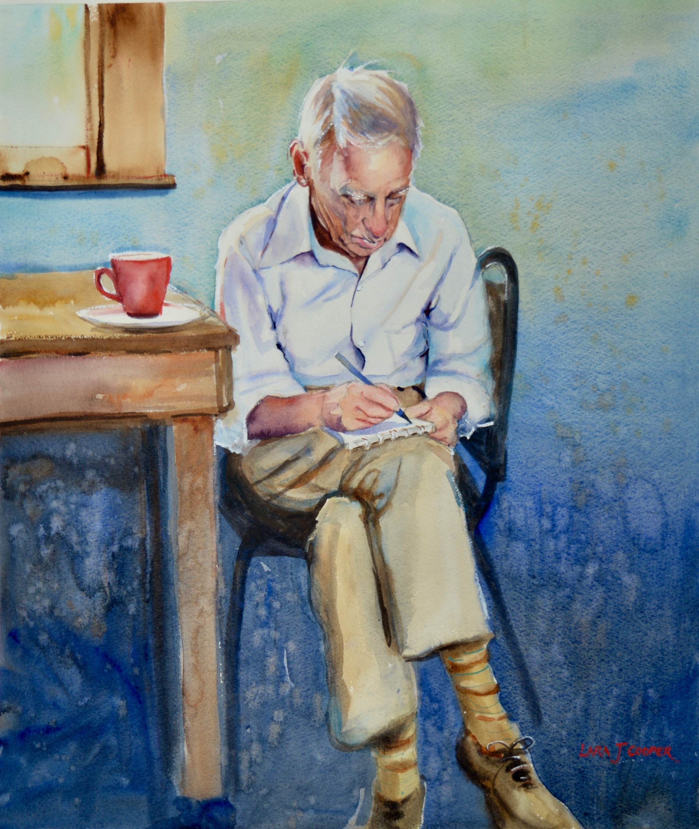 watercolour, painting, man, red cup, coffee, coffee shop, drawing, writing, cartoonist, cartoon