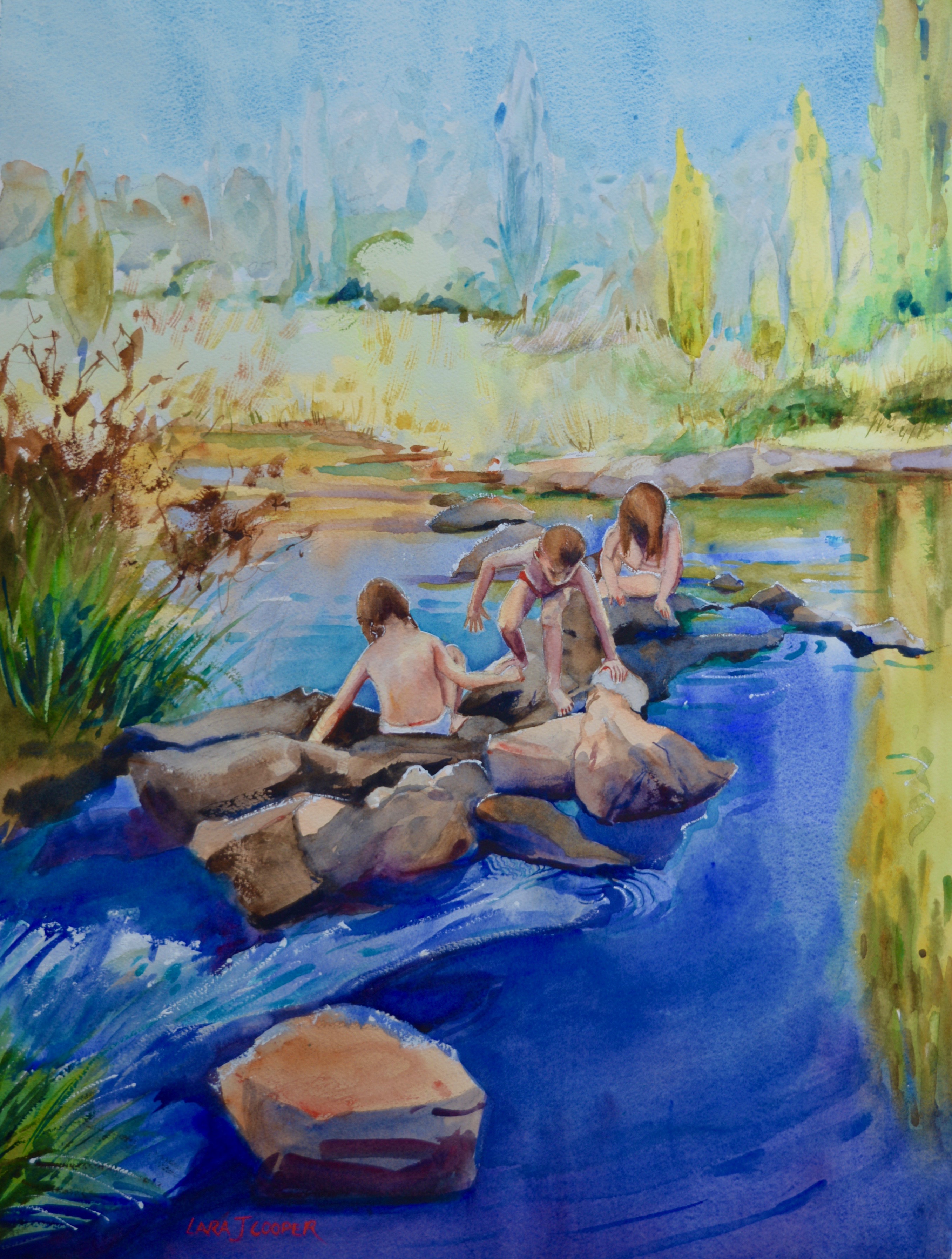 watercolour, blue, river, children, river children, play, river play, australia, poplars, creek, wade, swimming, hot day, summer