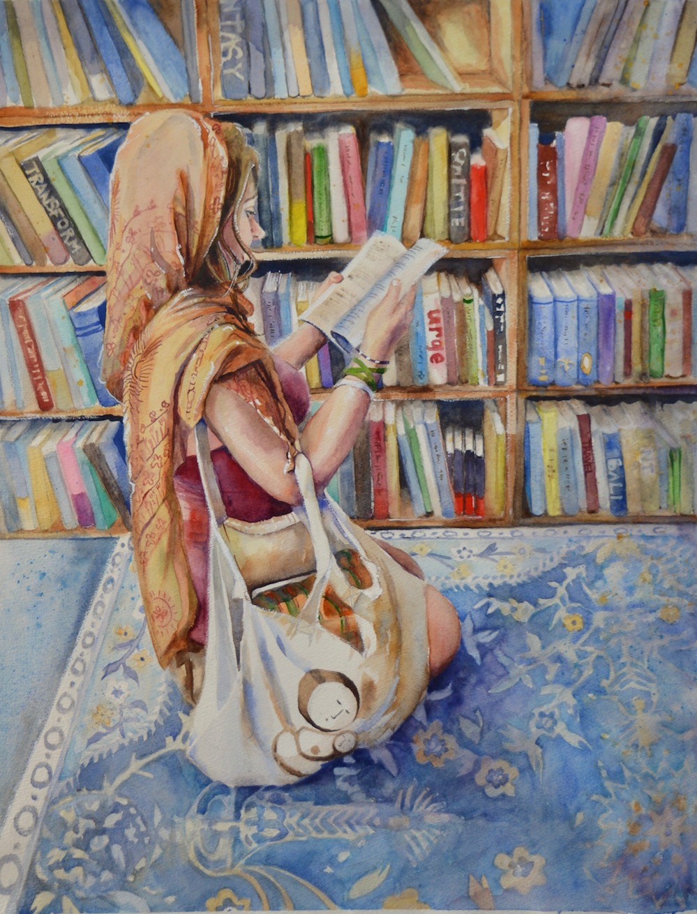 Watercolour, blue rug, library, reading, books, girl, kneeling, painting, Woodford, bookshop