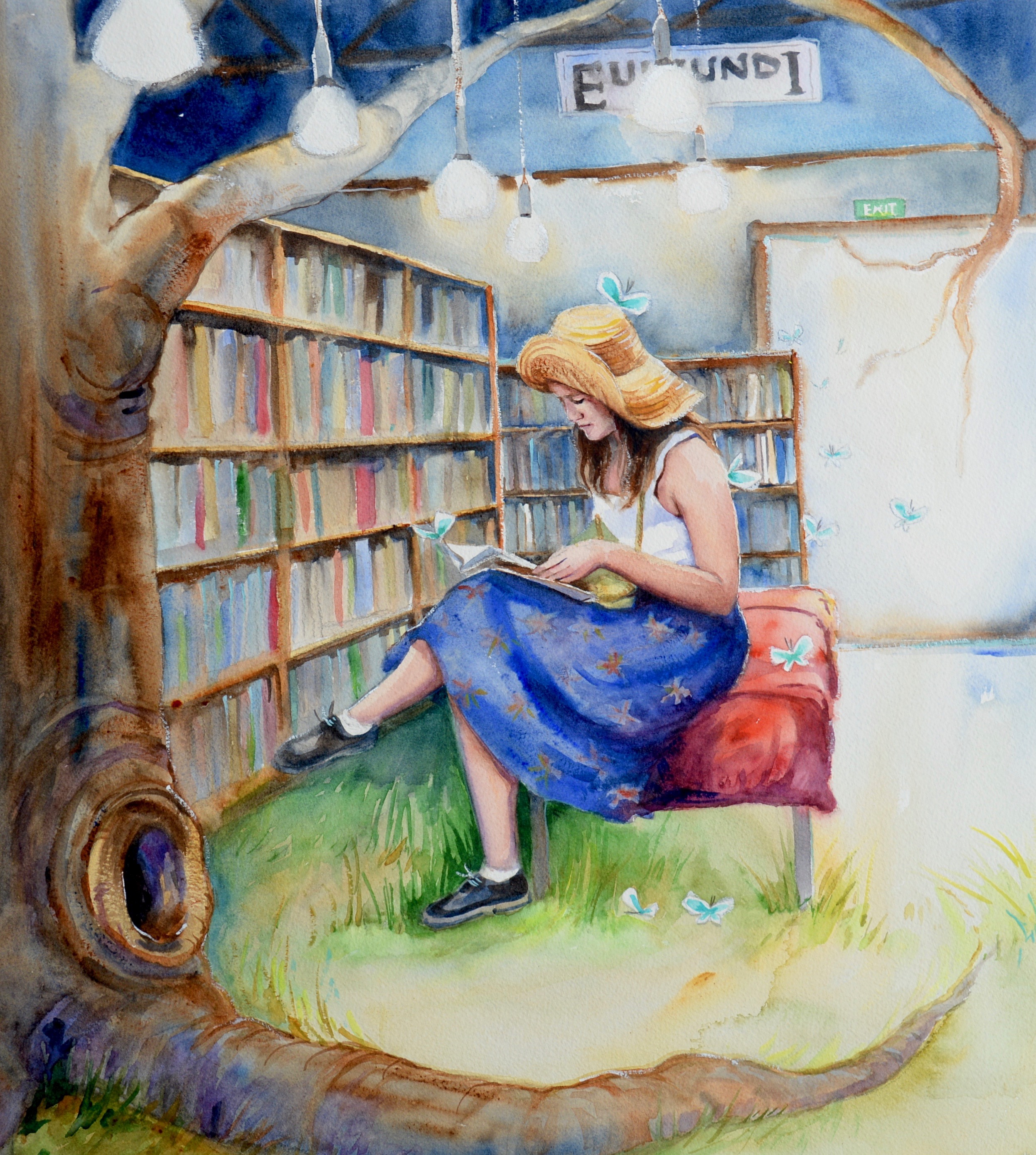 Watercolour, painting, library, reading, bookshop, Eumundi, girl reading, imagination, escape, reading