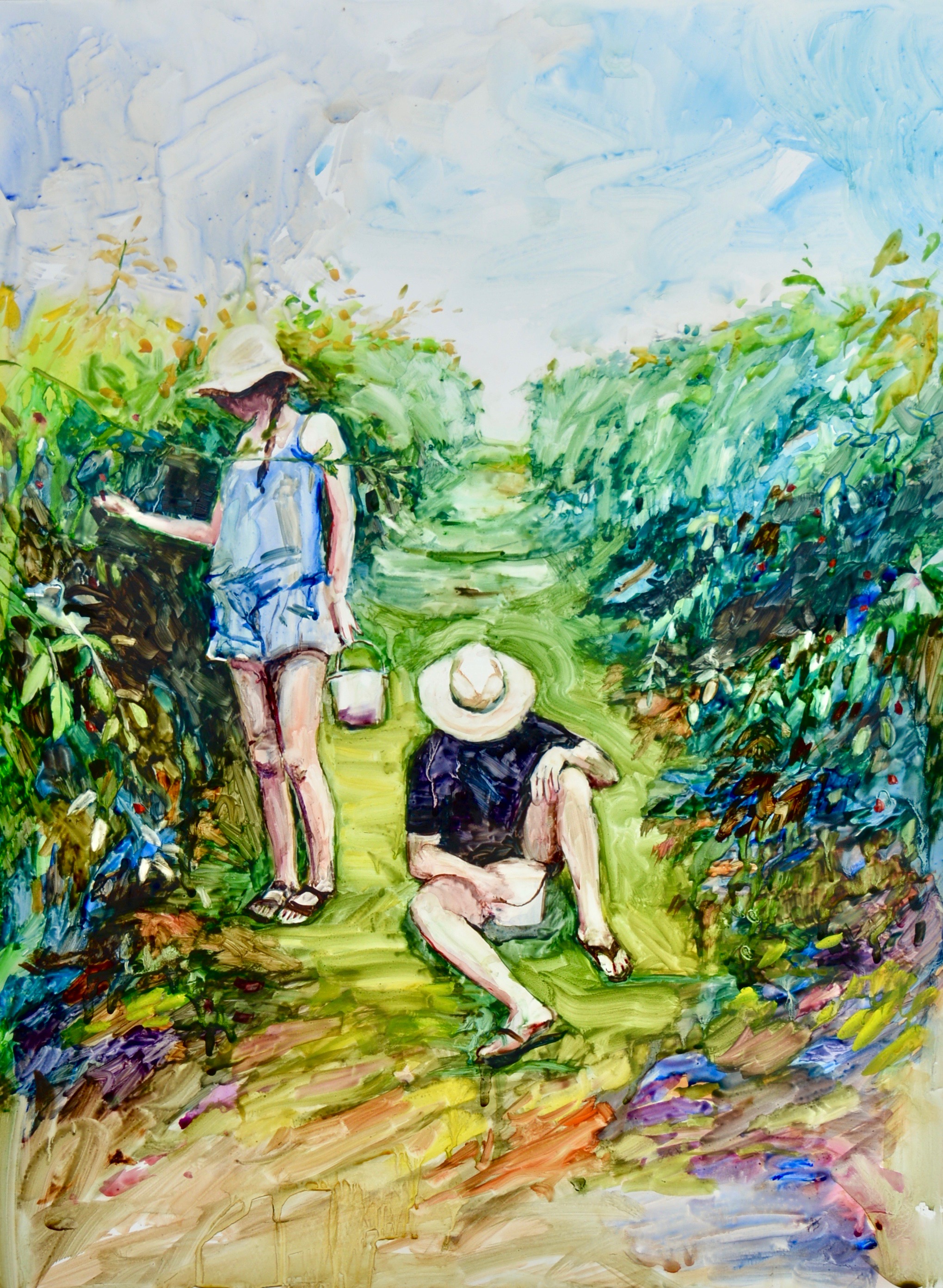 Watercolour, Cezanne, green, picking, berry picking, girl, boy, summer, berry farm