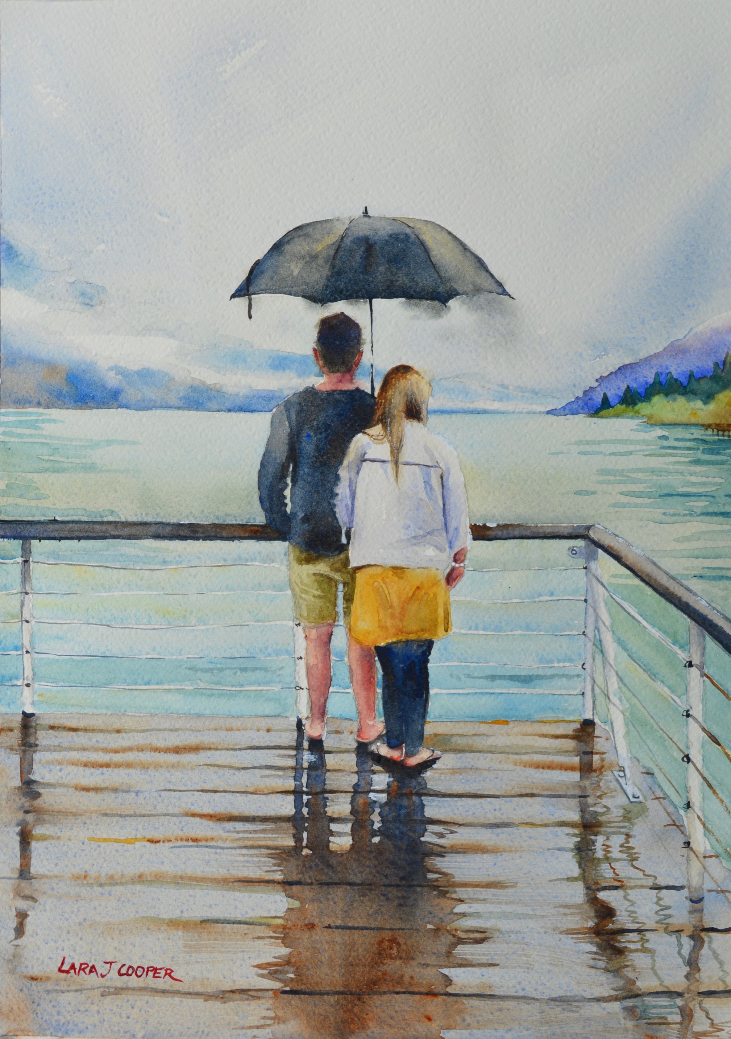 Watercolour, New Zealand, lake, mountains, rainy, raining, umbrella, yellow, deck, dock, boardwalk, couple, honeymoon, peaceful, peace, view, painting, drizzle, cloud, mist