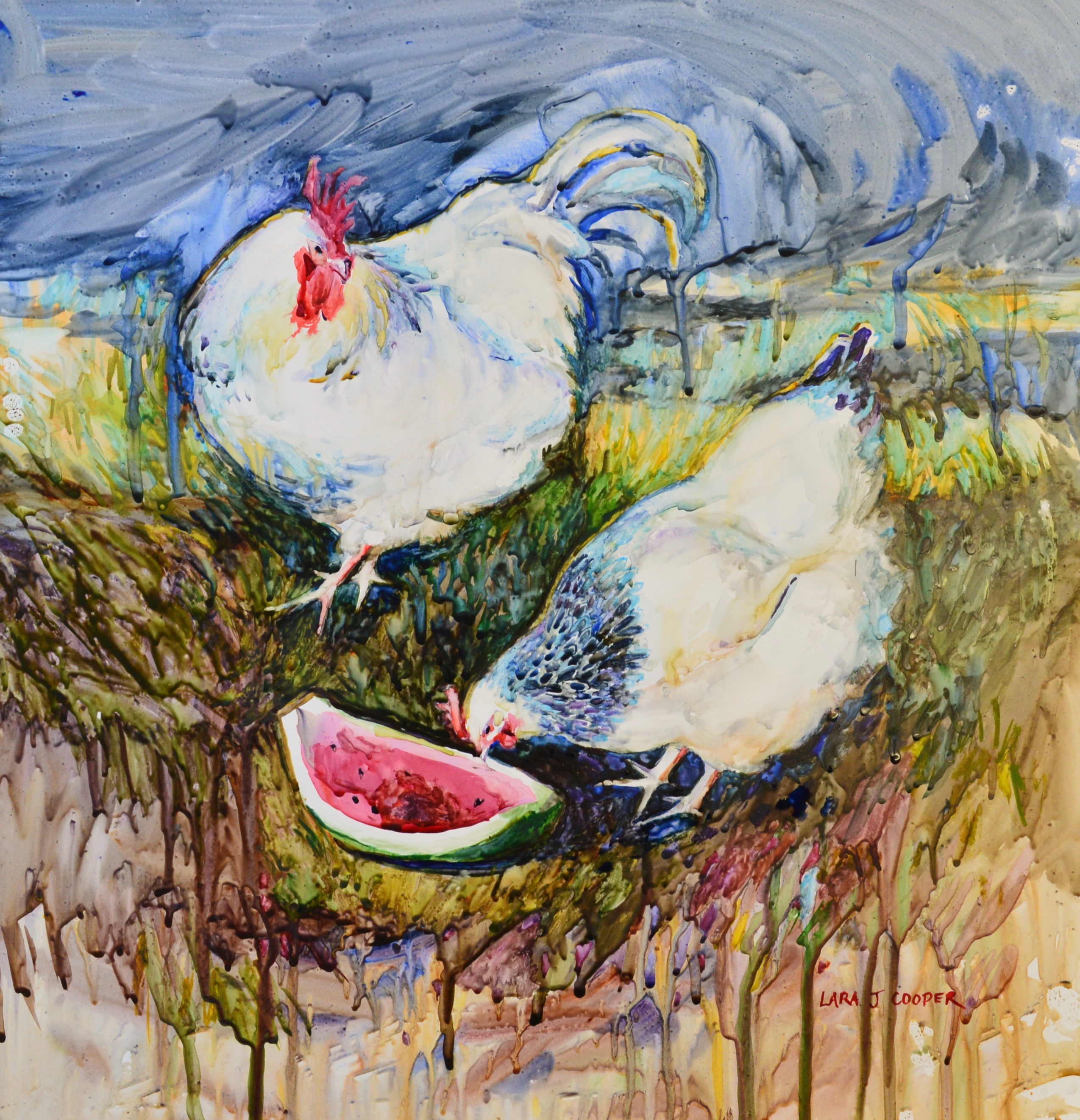 chickens, rooster, chicken, watercolour, yupo, watermelon, farm, home grown, free range, sussex